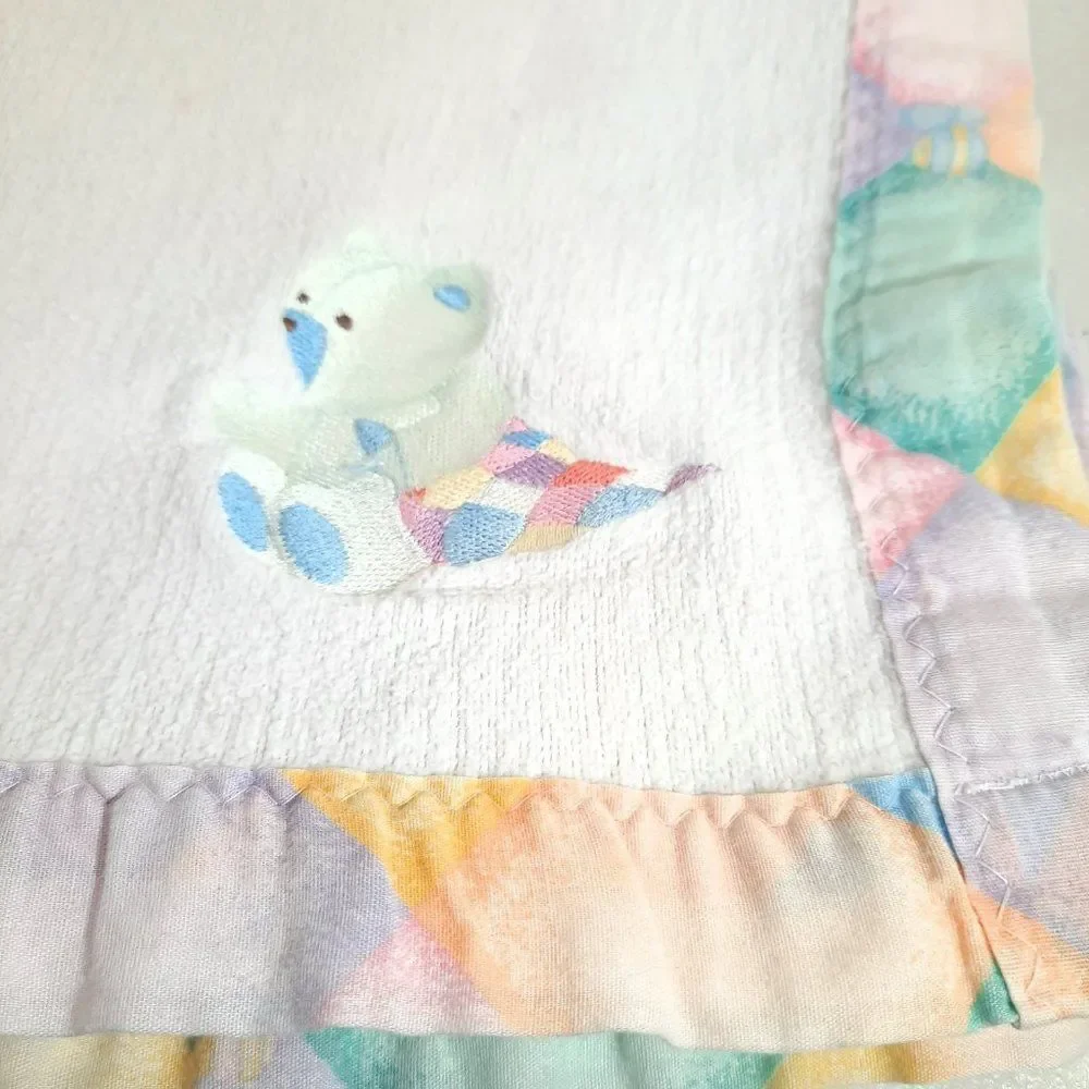 Vintage Carter's Teddy Bear baby Blanket Pastel patchwork Pattern‎ Cotton USA